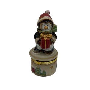 Ceramic Penguin Christmas Trinket Box With Gift & Santa Hat